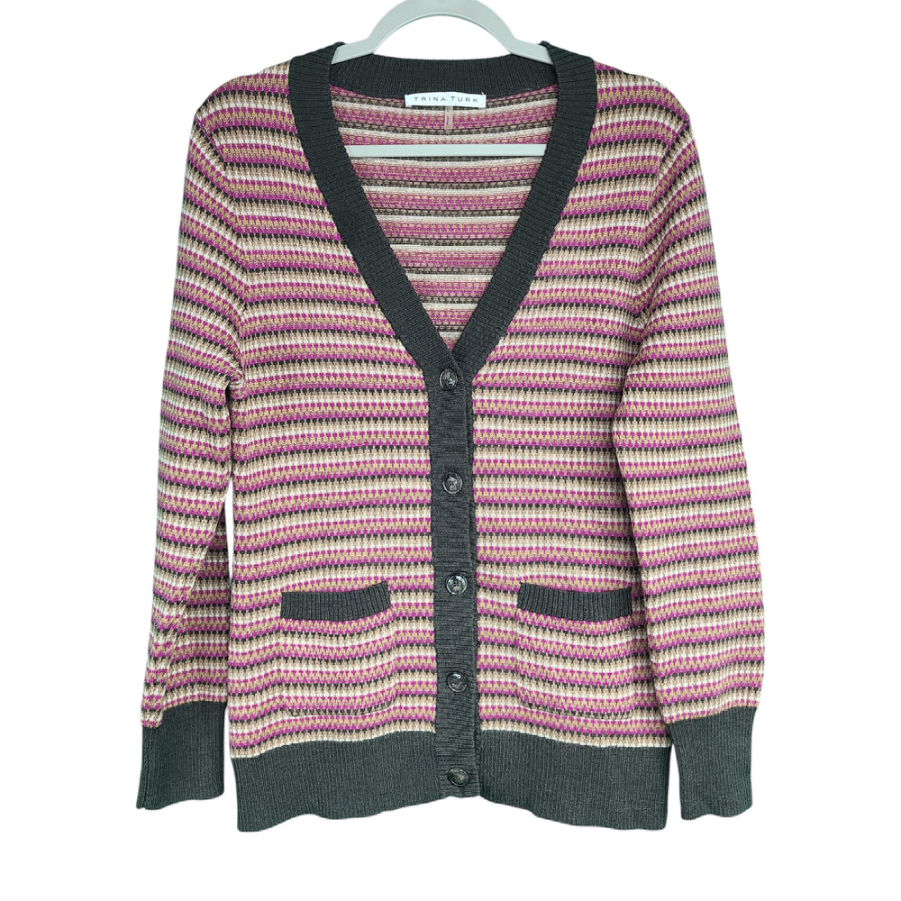 Trina Turk Merino Wool Multicolor Striped Button Front Cardigan Size Large